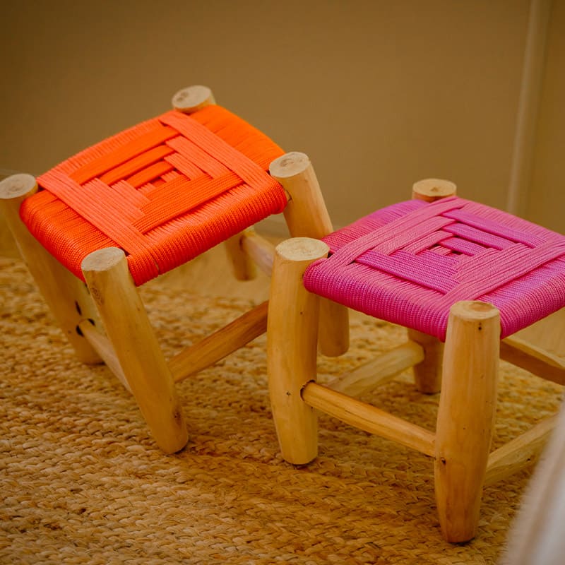 Tabouret Samira En Teck Massif - Fait Main, Diamètre 35 Cm, Hauteur 40 Cm, Style Bohème Chic